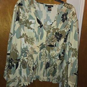 Ashley Stewart Floral Patterned Blouse - Cream and Green